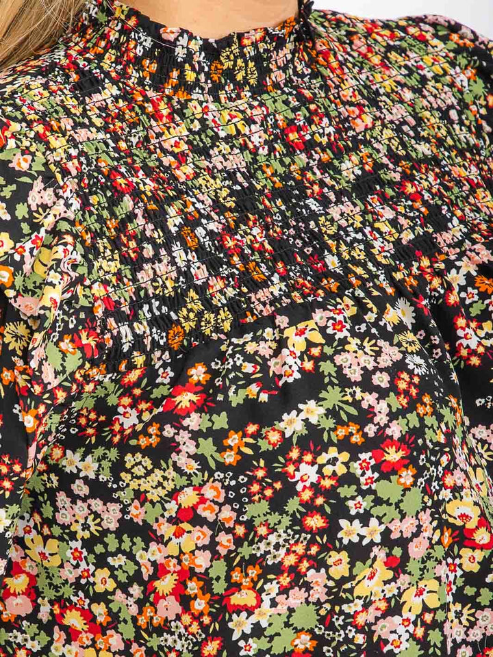 PLUS SIZE LONG SLEEVE MOCK NECK SMOCK FLORAL BLOUSE