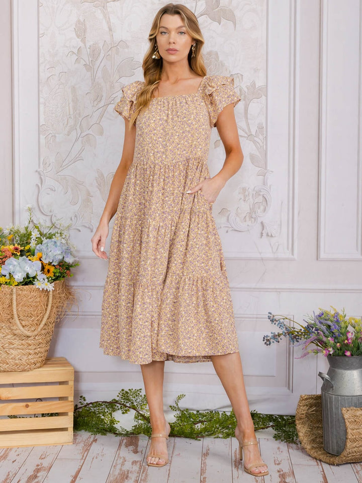 WOMEN'S SHORT SLEEVE SQUARE NECK FRONT POCKETS FLORAL TIERED MIDI DRESS