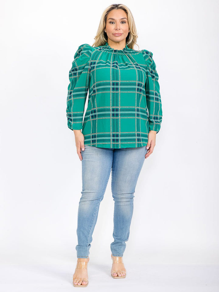 PLUS SIZE LONG PUFF SLEEVE MOCK NECK PLAID BLOUSE