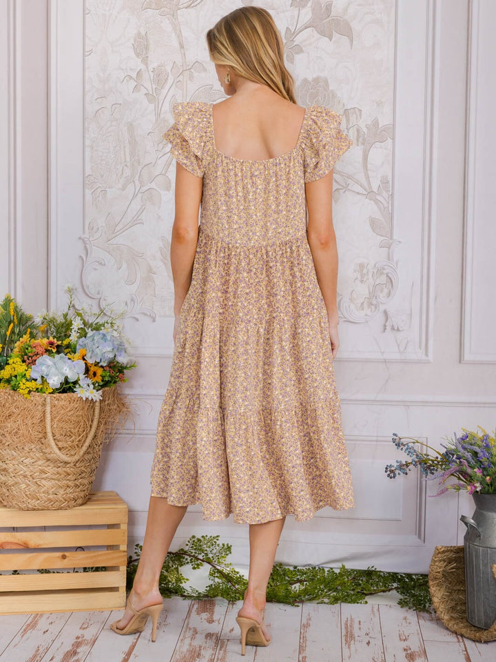 WOMEN'S SHORT SLEEVE SQUARE NECK FRONT POCKETS FLORAL TIERED MIDI DRESS