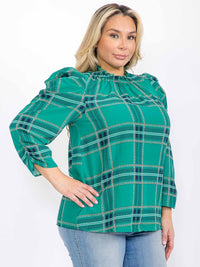 PLUS SIZE LONG PUFF SLEEVE MOCK NECK PLAID BLOUSE