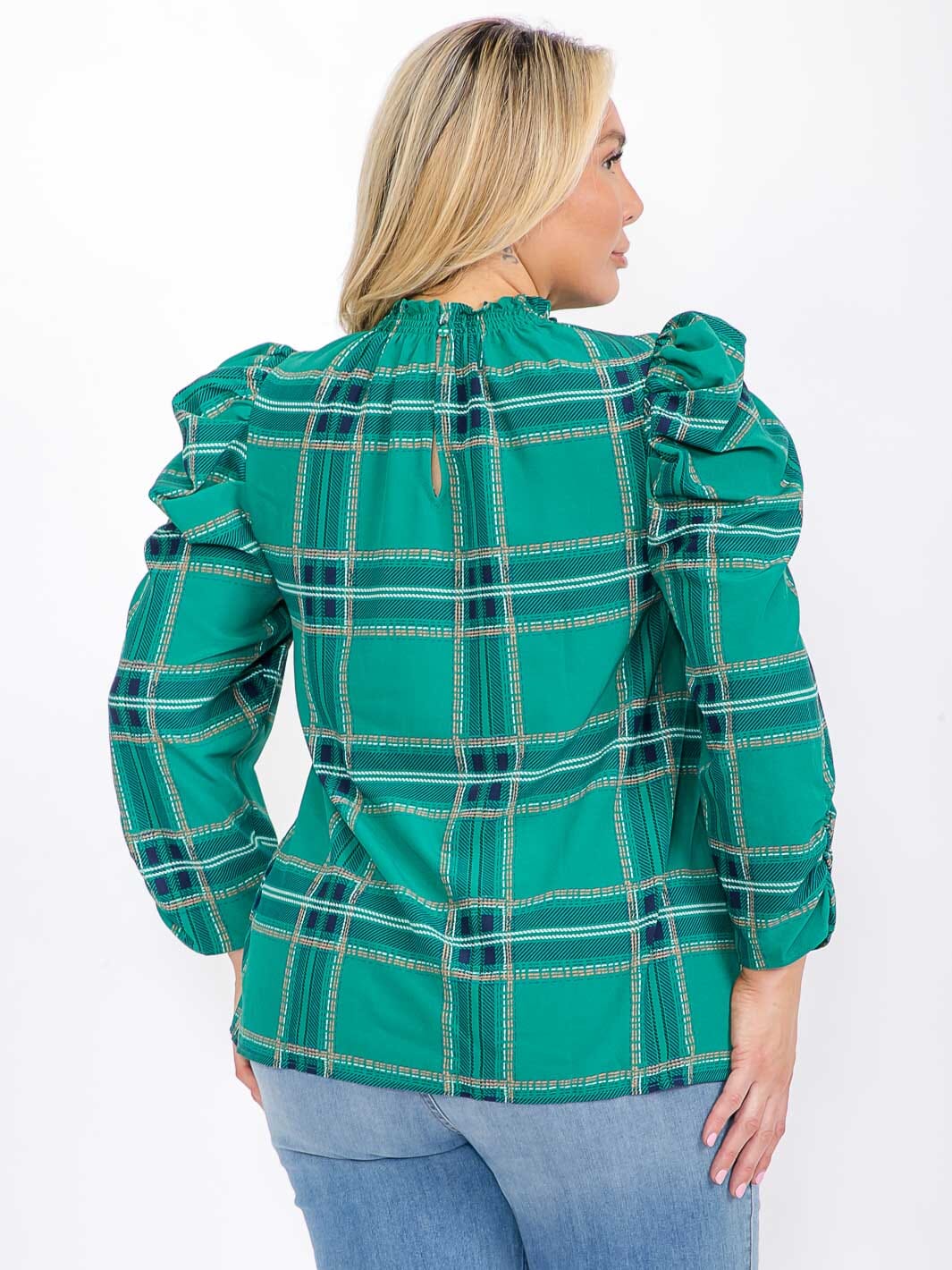PLUS SIZE LONG PUFF SLEEVE MOCK NECK PLAID BLOUSE