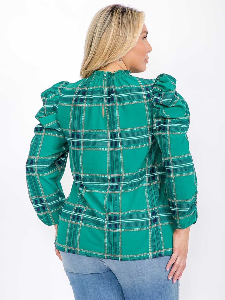 PLUS SIZE LONG PUFF SLEEVE MOCK NECK PLAID BLOUSE