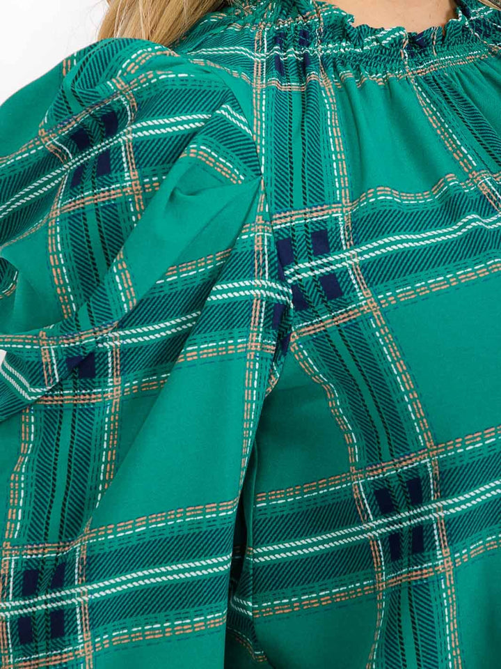 PLUS SIZE LONG PUFF SLEEVE MOCK NECK PLAID BLOUSE