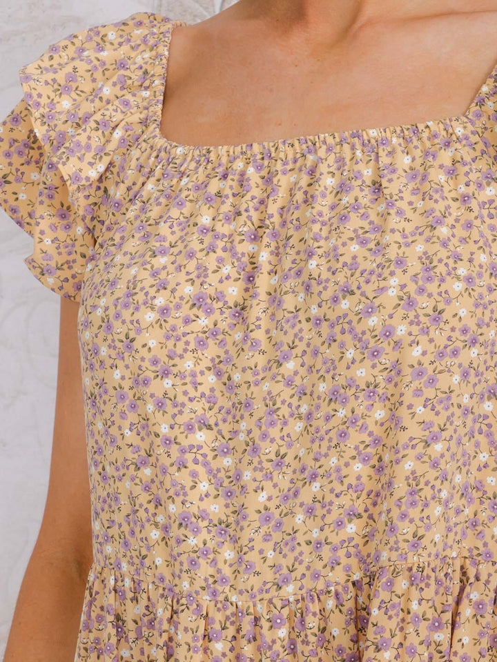 WOMEN'S SHORT SLEEVE SQUARE NECK FRONT POCKETS FLORAL TIERED MIDI DRESS