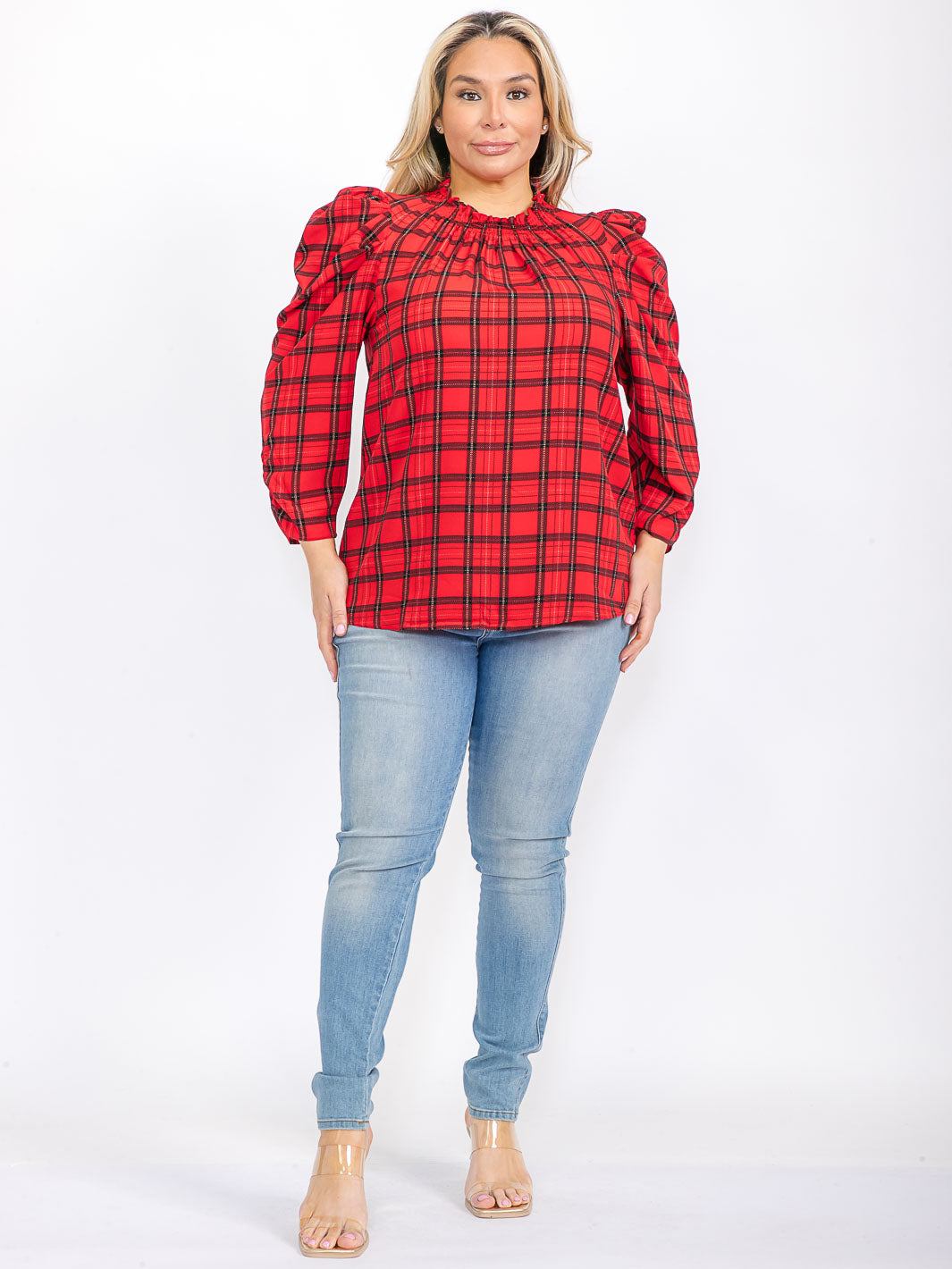 PLUS SIZE LONG PUFF SLEEVE MOCK NECK PLAID BLOUSE