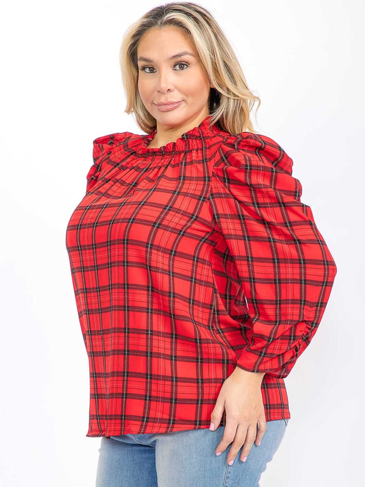 PLUS SIZE LONG PUFF SLEEVE MOCK NECK PLAID BLOUSE