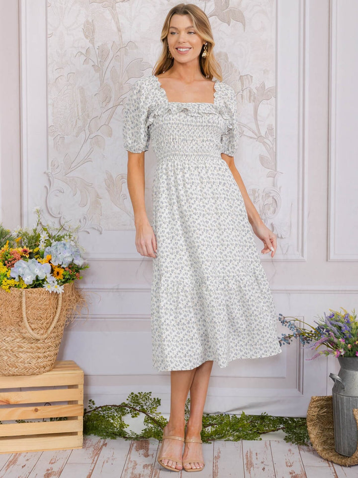 WOMEN'S SHORT SLEEVE SQUARE NECK RUFFLE POCKETS FLORAL SMOCK MIDI DRESS