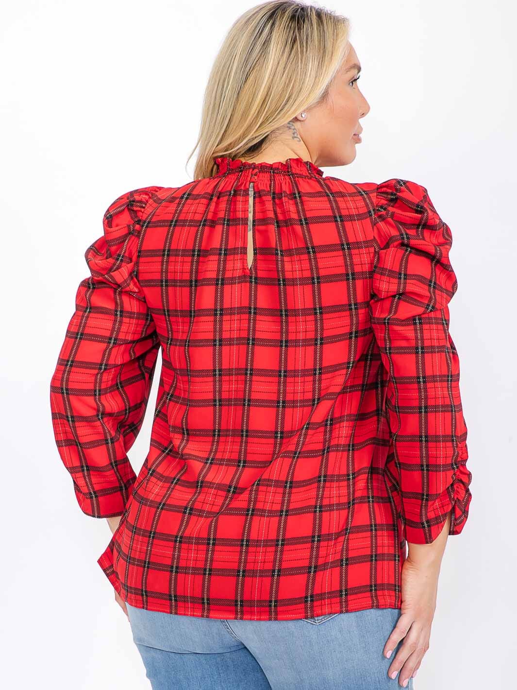 PLUS SIZE LONG PUFF SLEEVE MOCK NECK PLAID BLOUSE