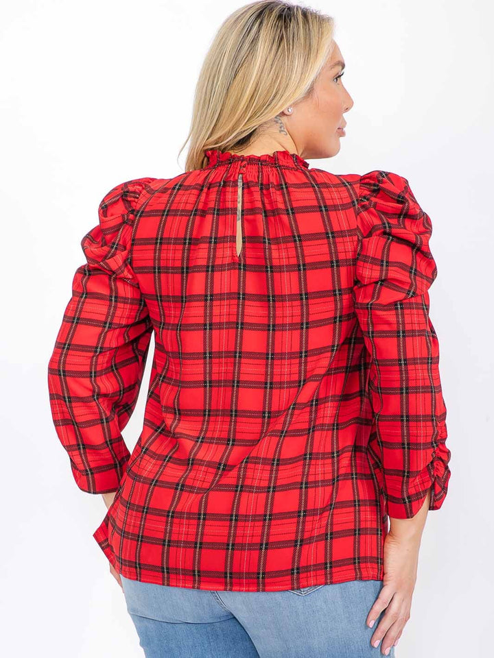 PLUS SIZE LONG PUFF SLEEVE MOCK NECK PLAID BLOUSE