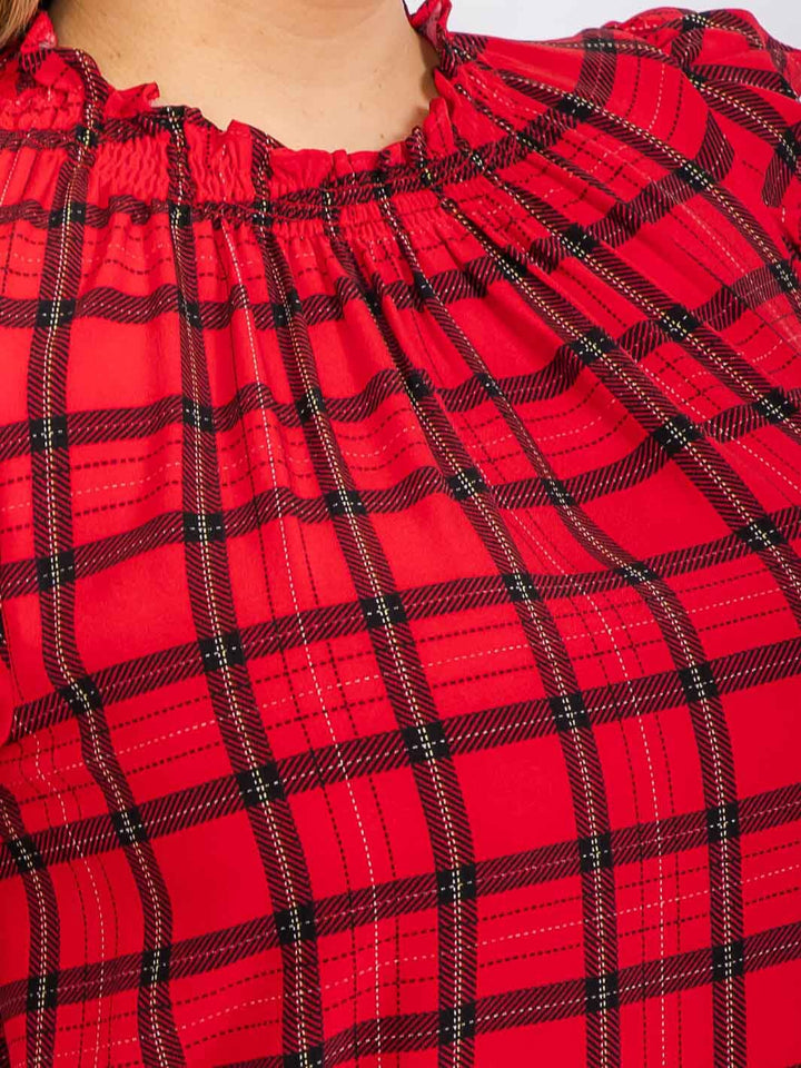 PLUS SIZE LONG PUFF SLEEVE MOCK NECK PLAID BLOUSE