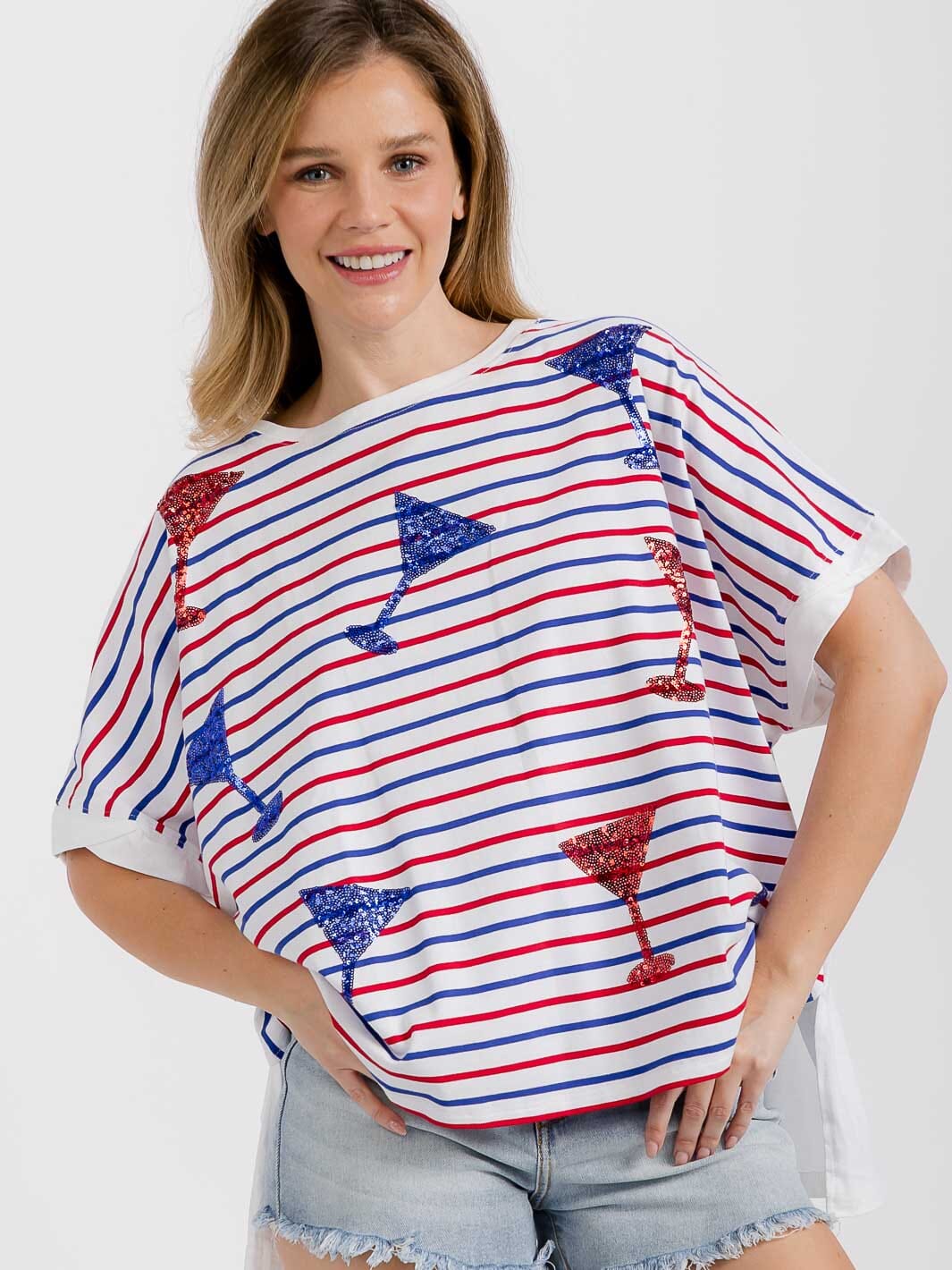 WOMEN'S SHORT SLEEVE STRIPES GRAPHIC PATRIOTIC OVERSIZED SHIRT