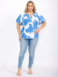 PLUS SIZE SHORT PUFF SLEEVE V-NECK FLORAL BLOUSE