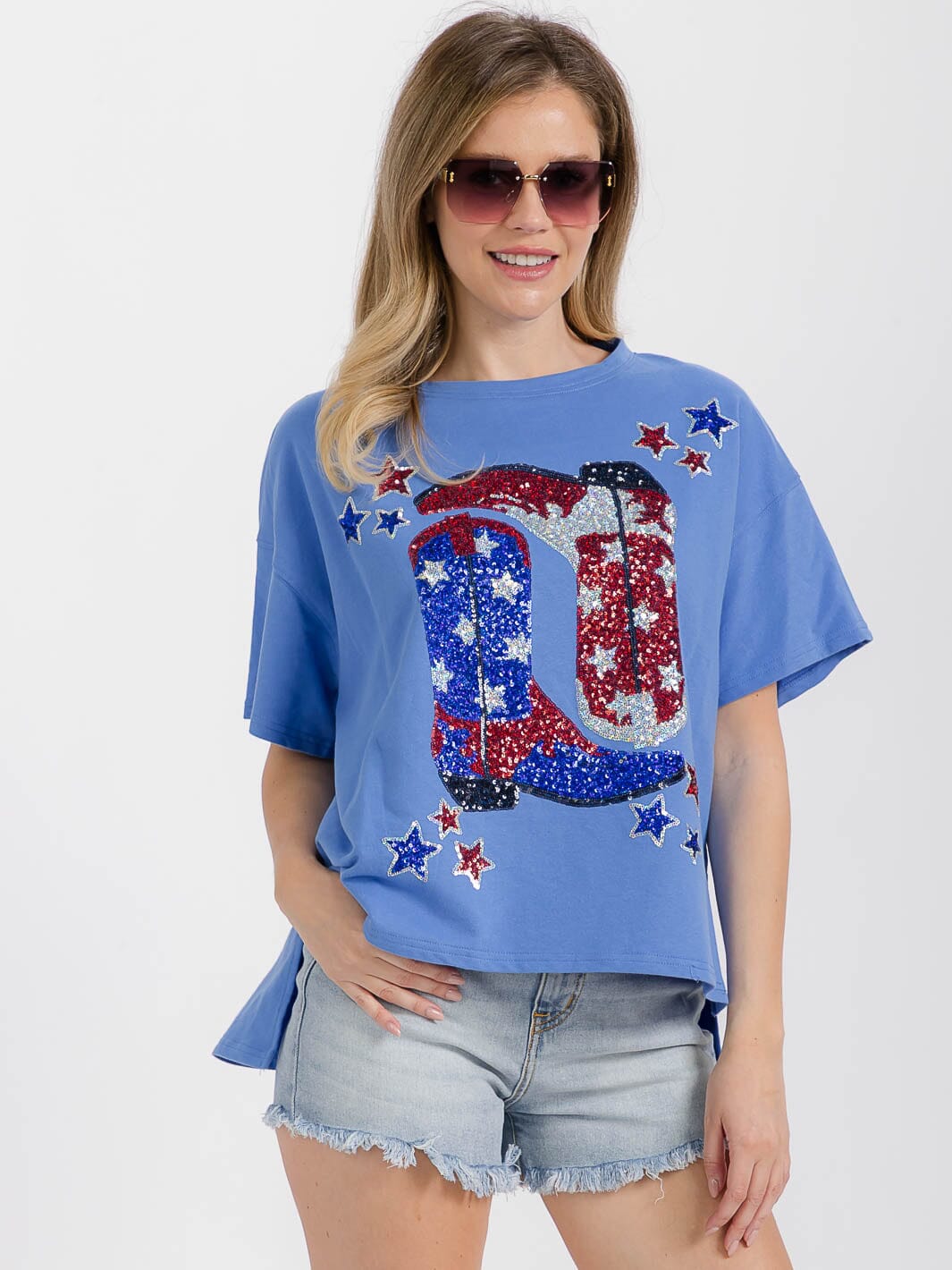 WOMEN'S SHORT SLEEVE HIGH-LOW GRAPHIC PATRIOTIC SHIRT