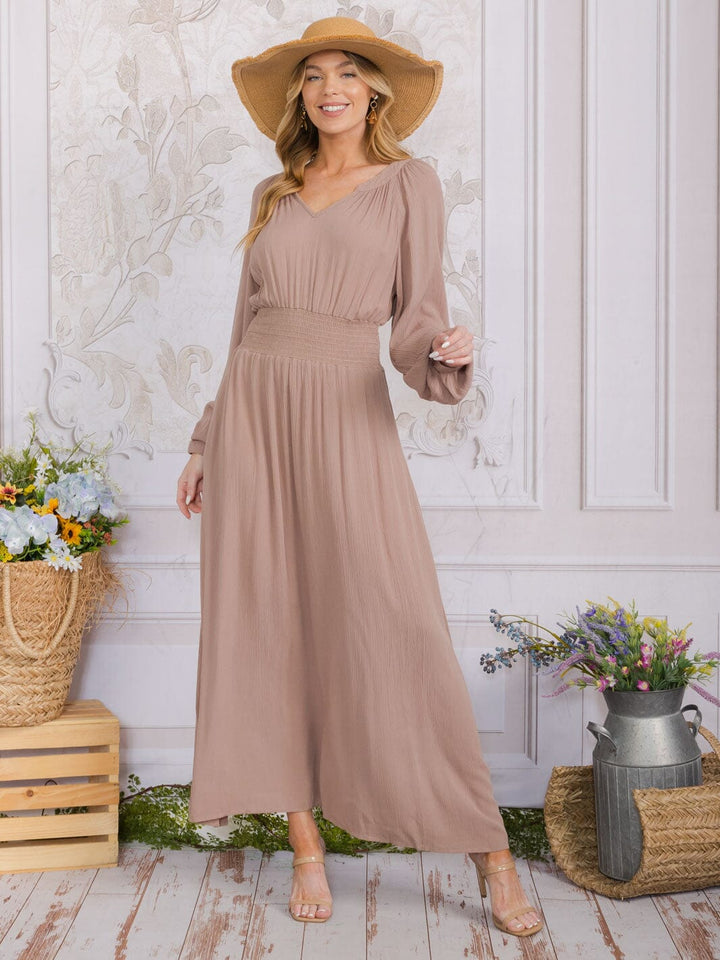 WOMEN'S LONG SLEEVE V-NECK FRONT POCKETS SMOCK WAIST MAXI DRESS