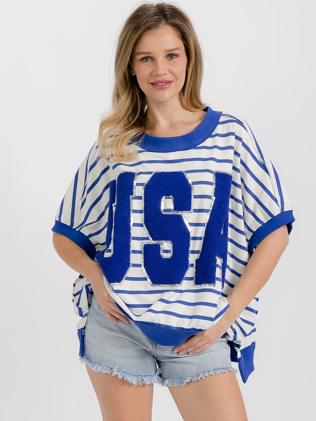 WOMEN'S SHORT SLEEVE STRIPES GRAPHIC PATRIOTIC OVERSIZED SHIRT