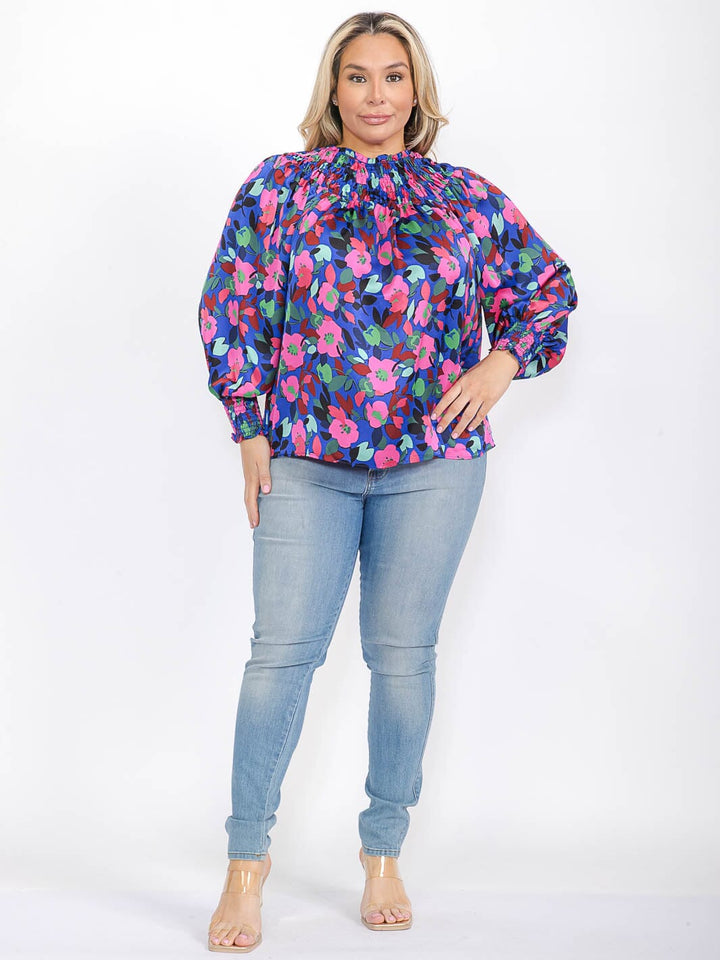 PLUS SIZE LONG SLEEVE MOCK NECK SMOCK FLORAL BLOUSE