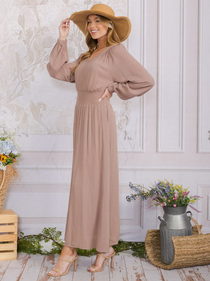 WOMEN'S LONG SLEEVE V-NECK FRONT POCKETS SMOCK WAIST MAXI DRESS