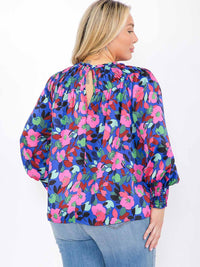 PLUS SIZE LONG SLEEVE MOCK NECK SMOCK FLORAL BLOUSE