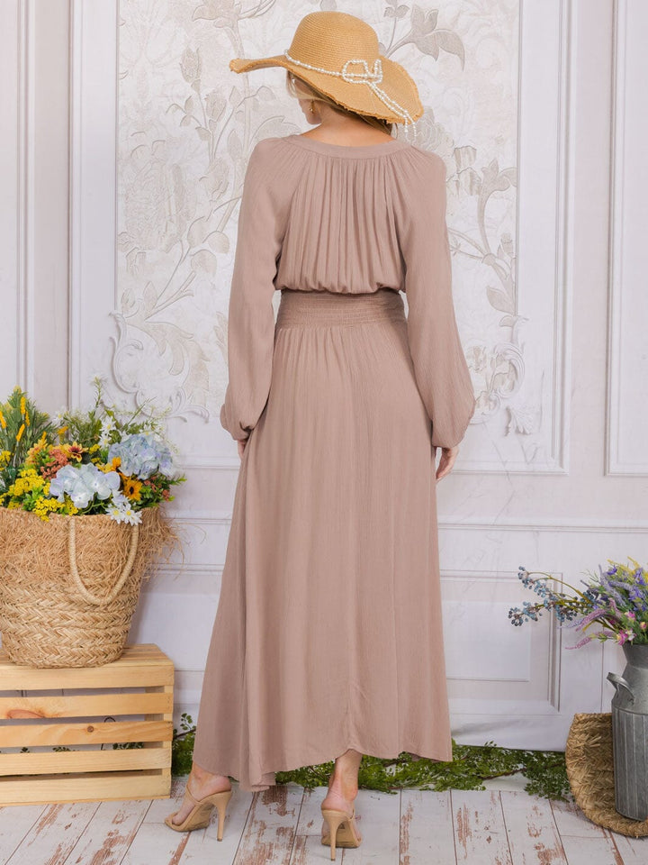 WOMEN'S LONG SLEEVE V-NECK FRONT POCKETS SMOCK WAIST MAXI DRESS