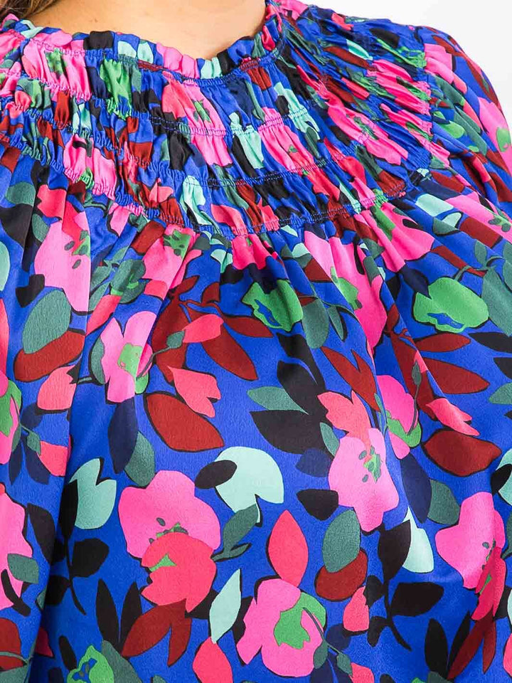 PLUS SIZE LONG SLEEVE MOCK NECK SMOCK FLORAL BLOUSE