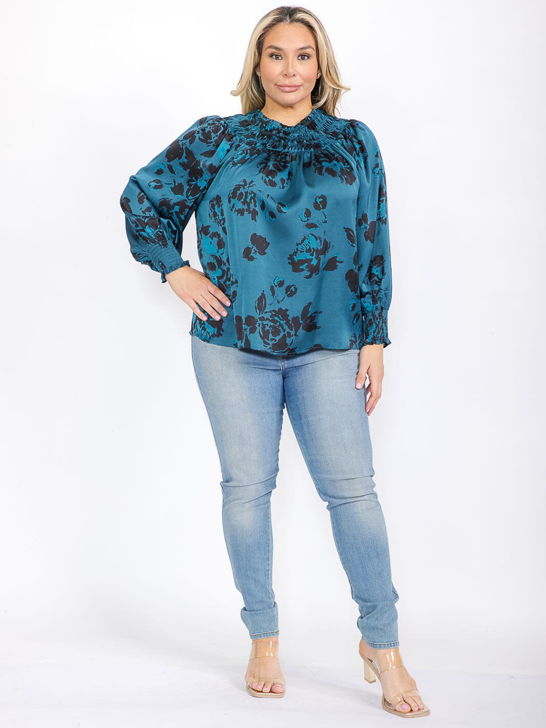 PLUS SIZE LONG SLEEVE MOCK NECK SMOCK FLORAL BLOUSE