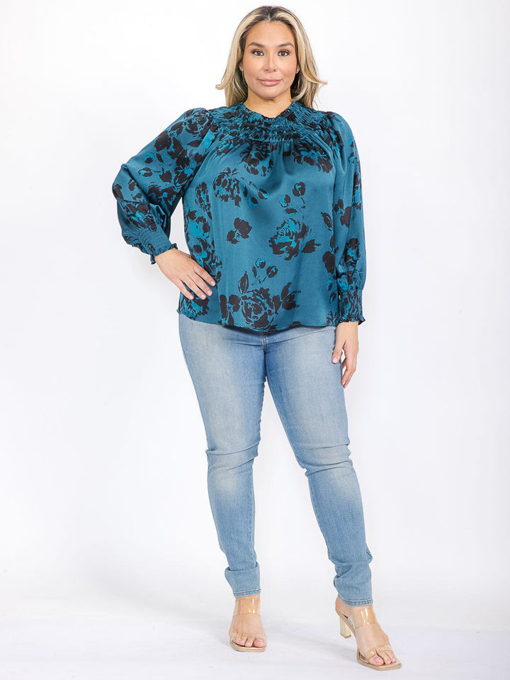 PLUS SIZE LONG SLEEVE MOCK NECK SMOCK FLORAL BLOUSE