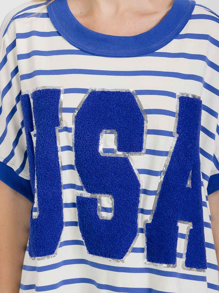 WOMEN'S SHORT SLEEVE STRIPES GRAPHIC PATRIOTIC OVERSIZED SHIRT