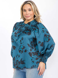 PLUS SIZE LONG SLEEVE MOCK NECK SMOCK FLORAL BLOUSE