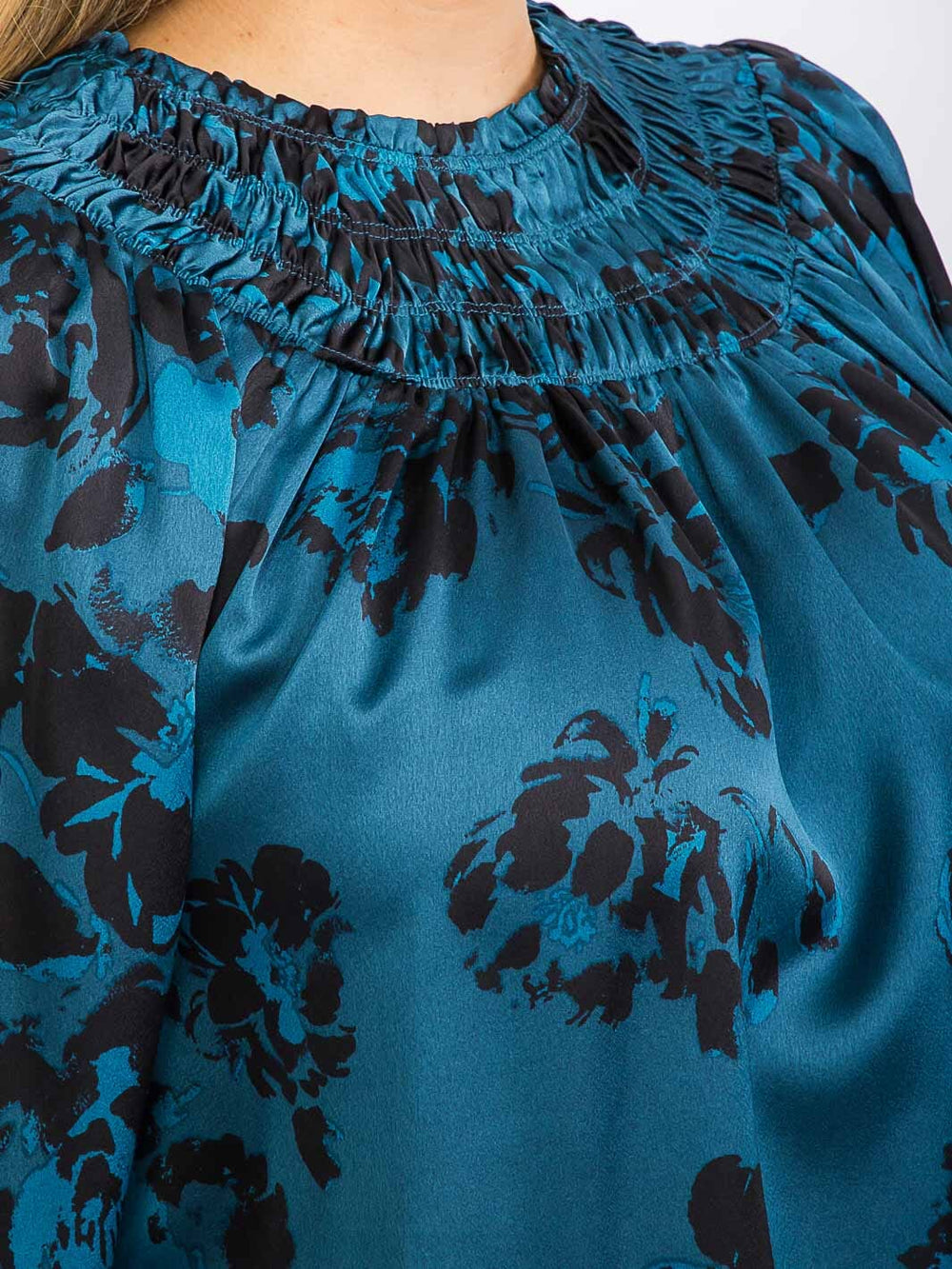 PLUS SIZE LONG SLEEVE MOCK NECK SMOCK FLORAL BLOUSE