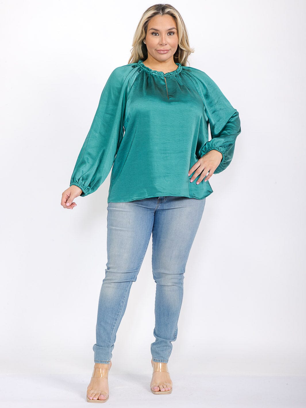 PLUS SIZE LONG SLEEVE V-NECK SATIN BLOUSE