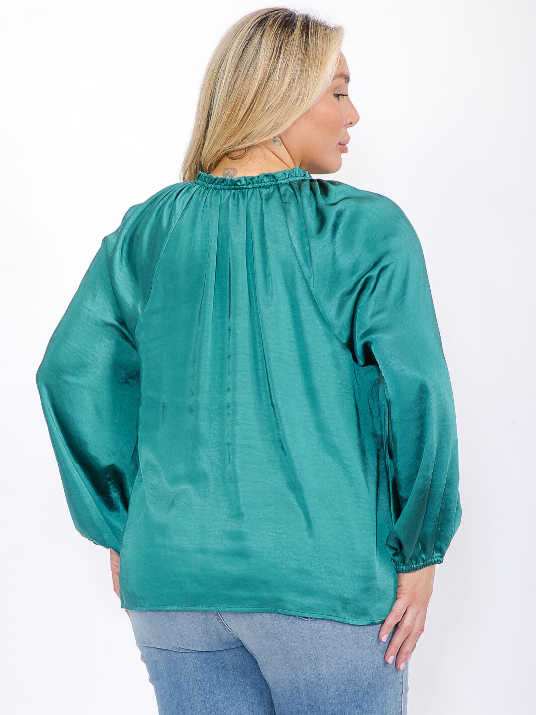 PLUS SIZE LONG SLEEVE V-NECK SATIN BLOUSE