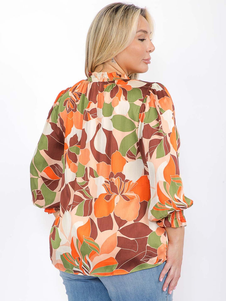 PLUS SIZE LONG SLEEVE RUFFLE V-NECK FLORAL BLOUSE
