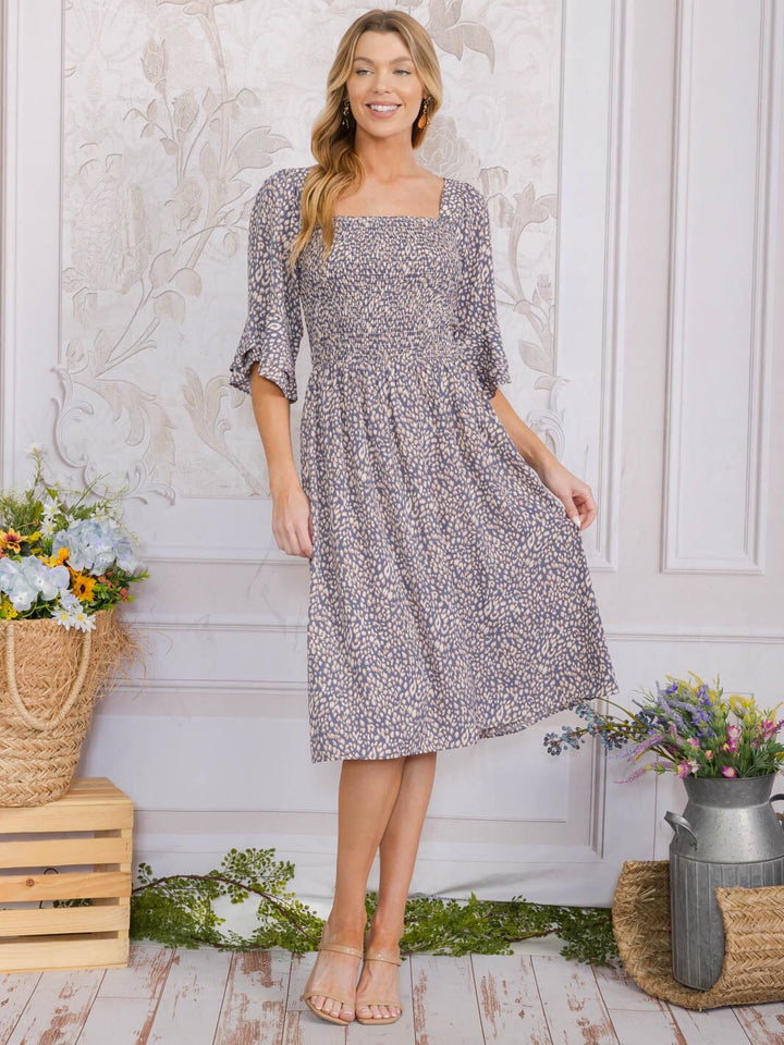 WOMEN'S 3/4 SLEEVE SMOCK BACK TIE ANIMAL PRINT MIDI DRESS