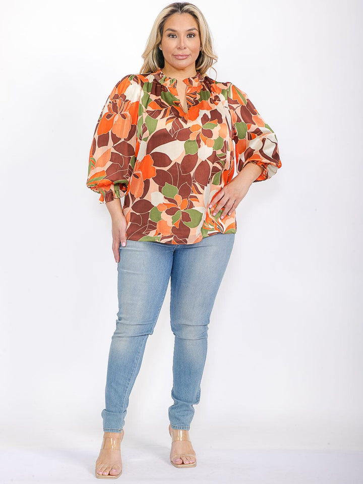 PLUS SIZE LONG SLEEVE RUFFLE V-NECK FLORAL BLOUSE