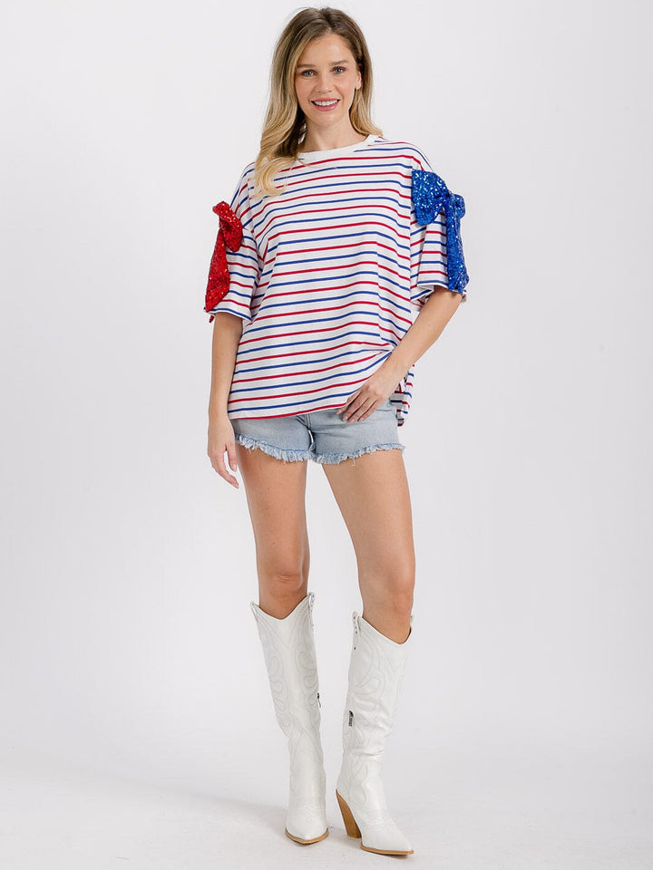WOMEN'S SHORT SLEEVE STRIPES SEQUINS BOWS PATRIOTIC SHIRT