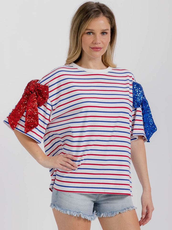 WOMEN'S SHORT SLEEVE STRIPES SEQUINS BOWS PATRIOTIC SHIRT