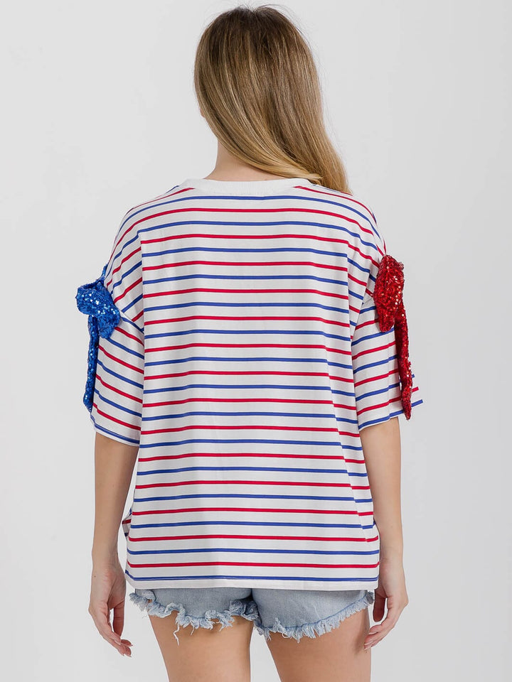 WOMEN'S SHORT SLEEVE STRIPES SEQUINS BOWS PATRIOTIC SHIRT