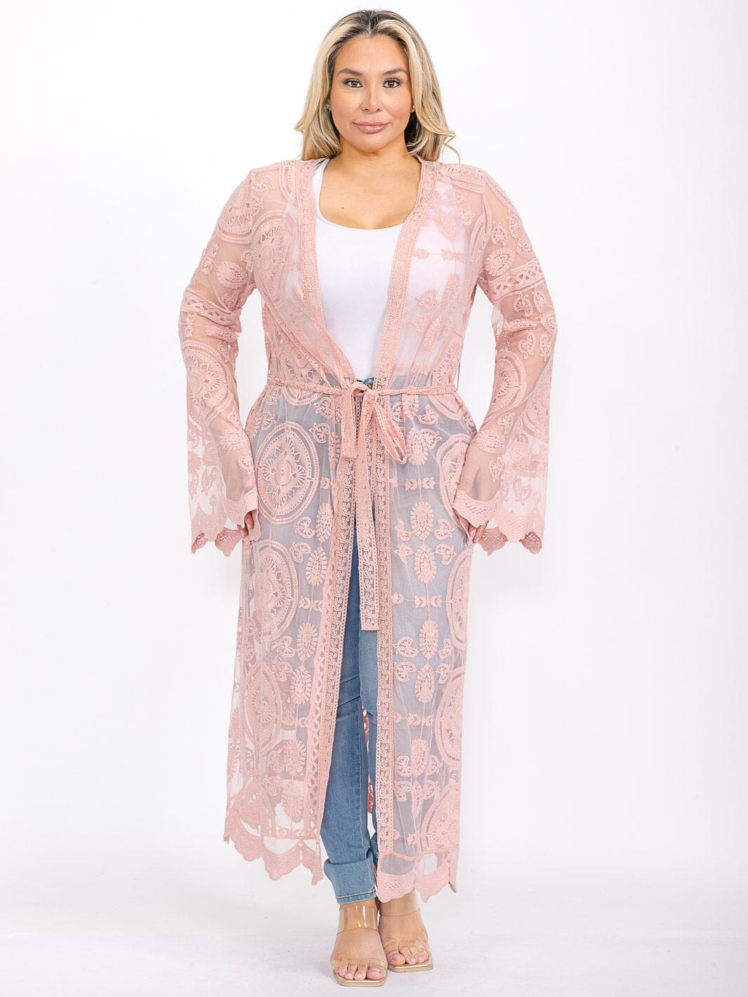 PLUS SIZE LONG SLEEVE OPEN FRONT SELF TIE DETAILED KIMONO