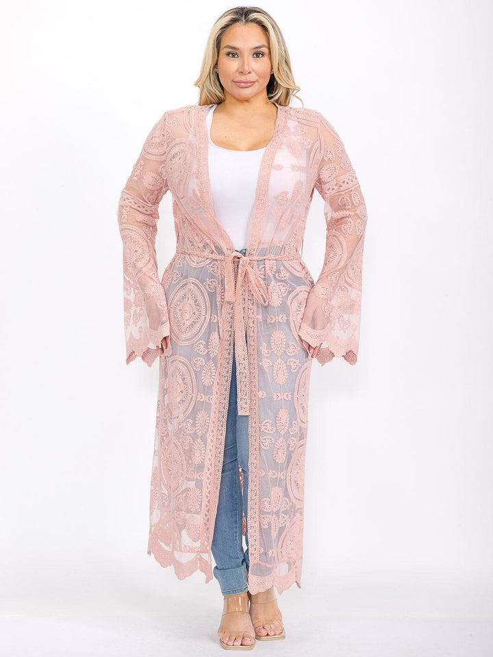 PLUS SIZE LONG SLEEVE OPEN FRONT SELF TIE DETAILED KIMONO