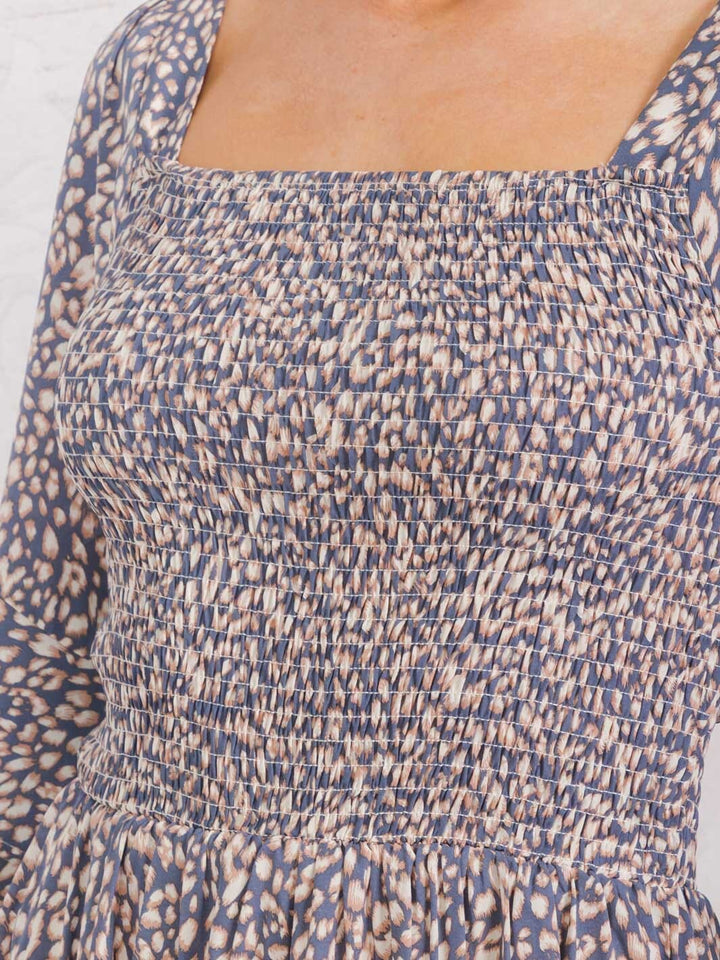 WOMEN'S 3/4 SLEEVE SMOCK BACK TIE ANIMAL PRINT MIDI DRESS