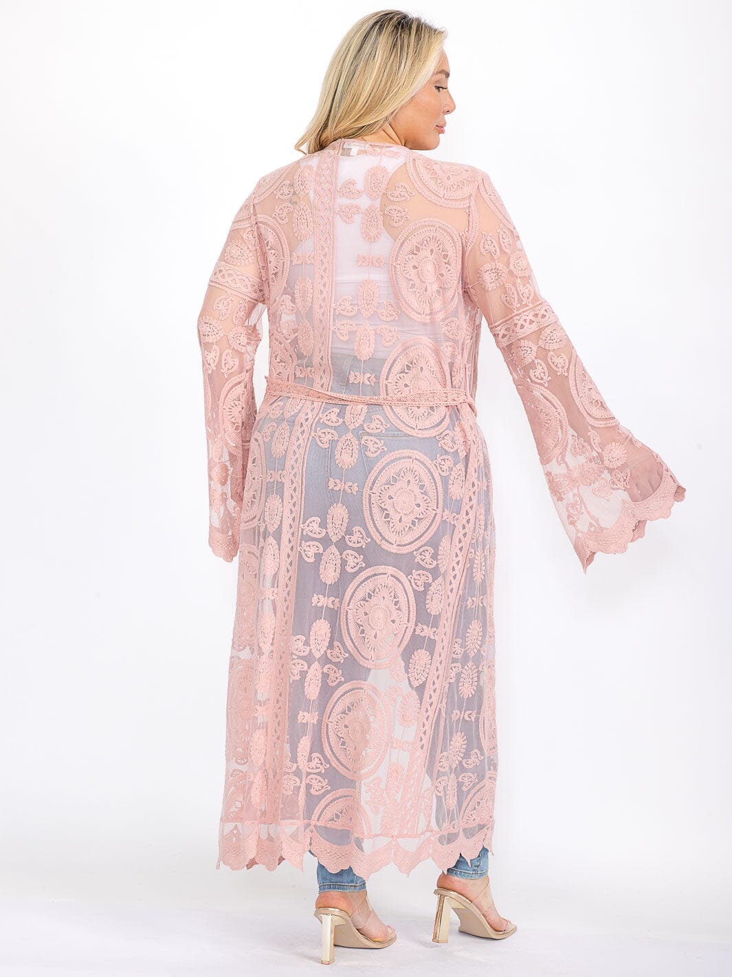 PLUS SIZE LONG SLEEVE OPEN FRONT SELF TIE DETAILED KIMONO