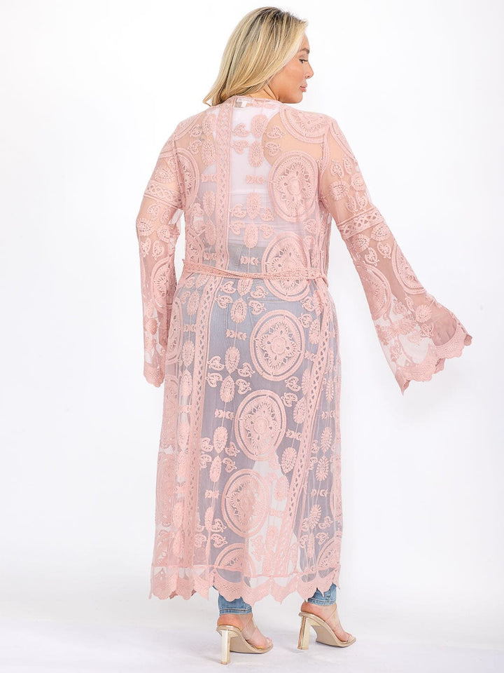 PLUS SIZE LONG SLEEVE OPEN FRONT SELF TIE DETAILED KIMONO