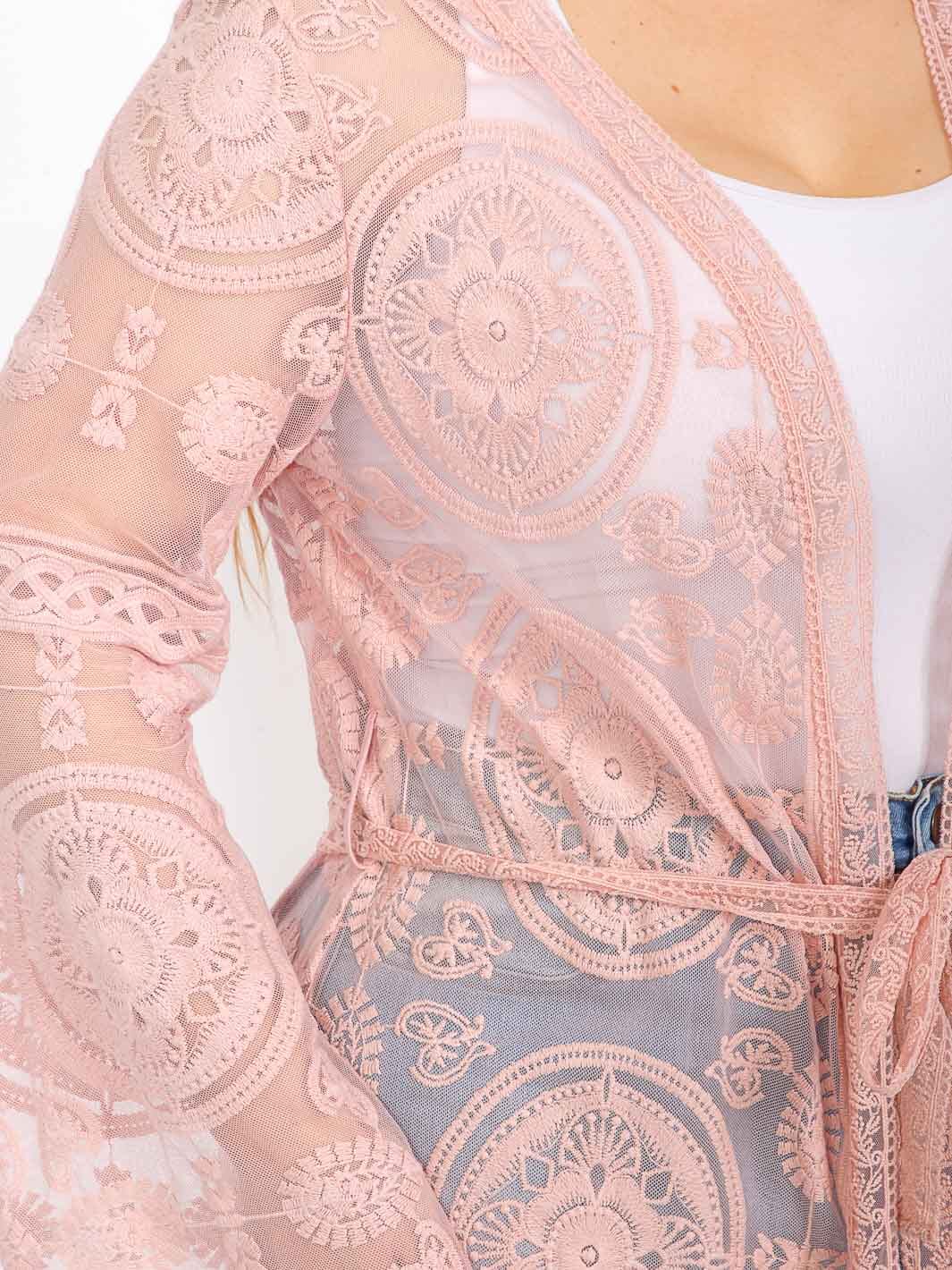 PLUS SIZE LONG SLEEVE OPEN FRONT SELF TIE DETAILED KIMONO