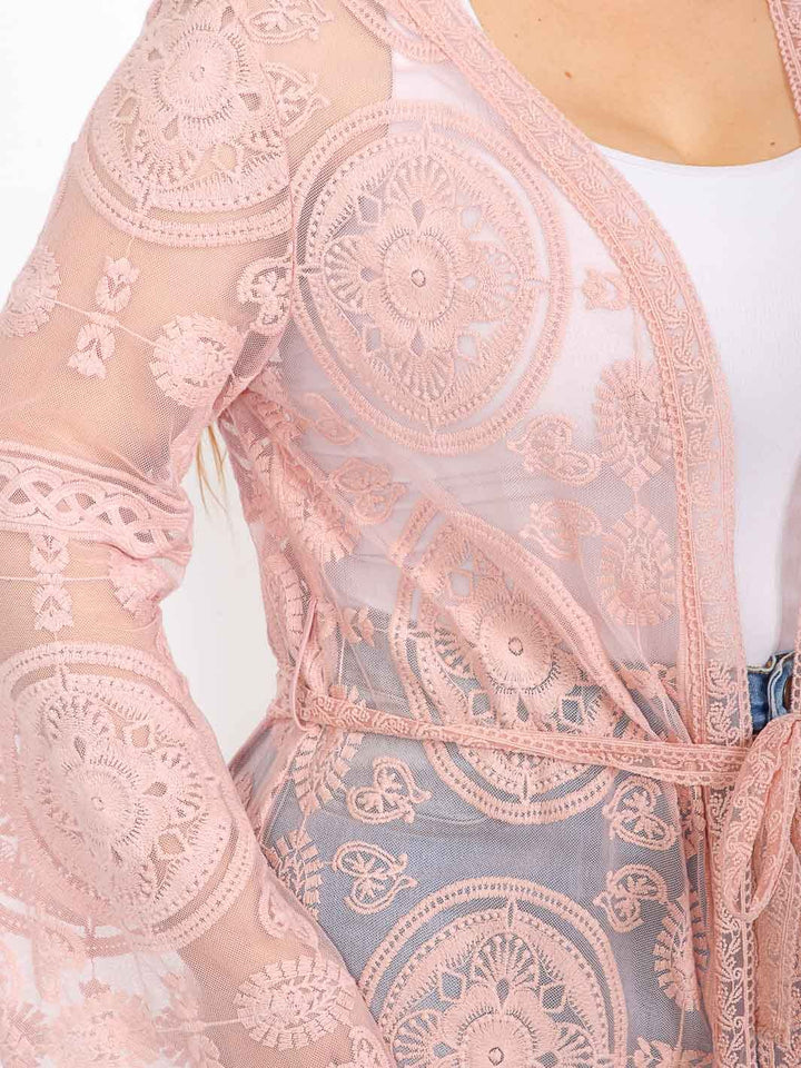 PLUS SIZE LONG SLEEVE OPEN FRONT SELF TIE DETAILED KIMONO