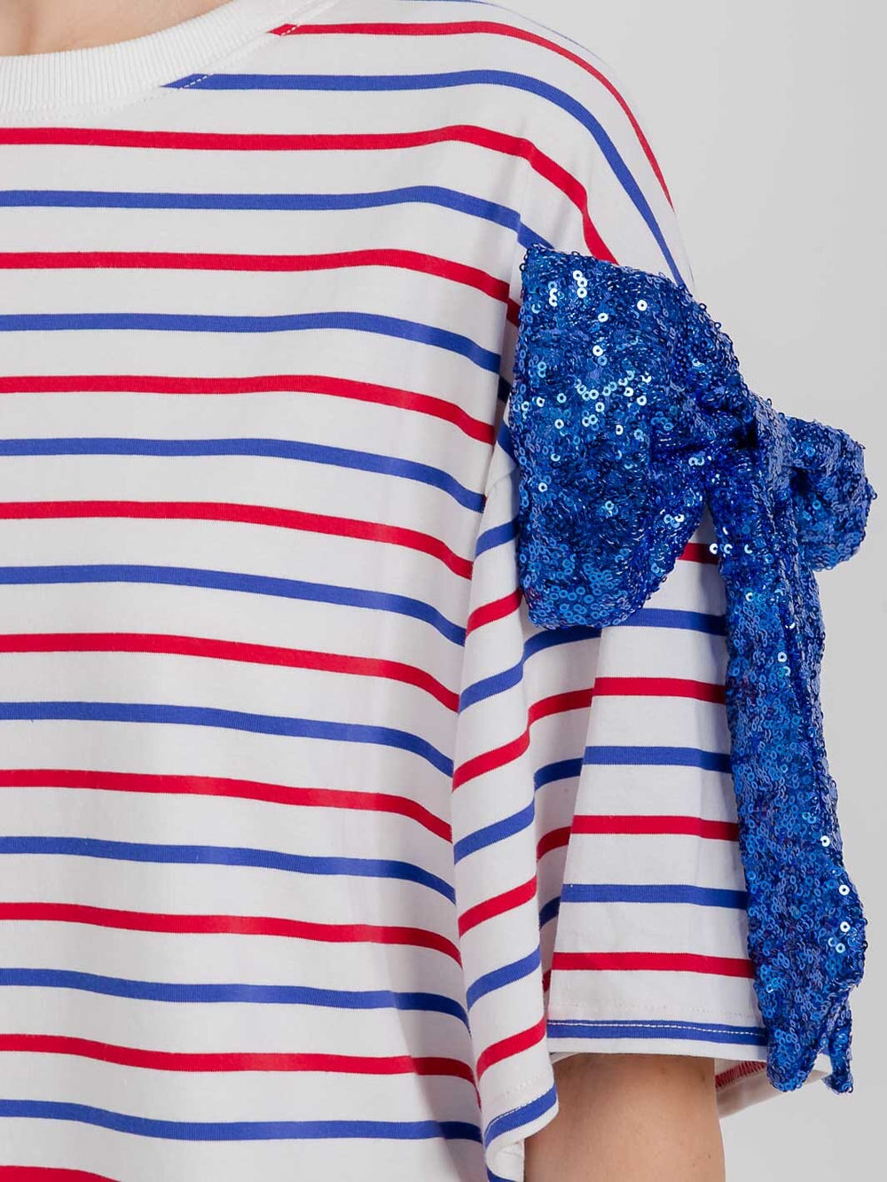 WOMEN'S SHORT SLEEVE STRIPES SEQUINS BOWS PATRIOTIC SHIRT