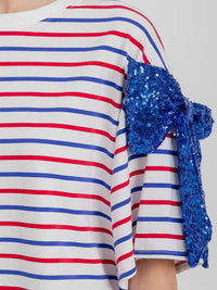WOMEN'S SHORT SLEEVE STRIPES SEQUINS BOWS PATRIOTIC SHIRT