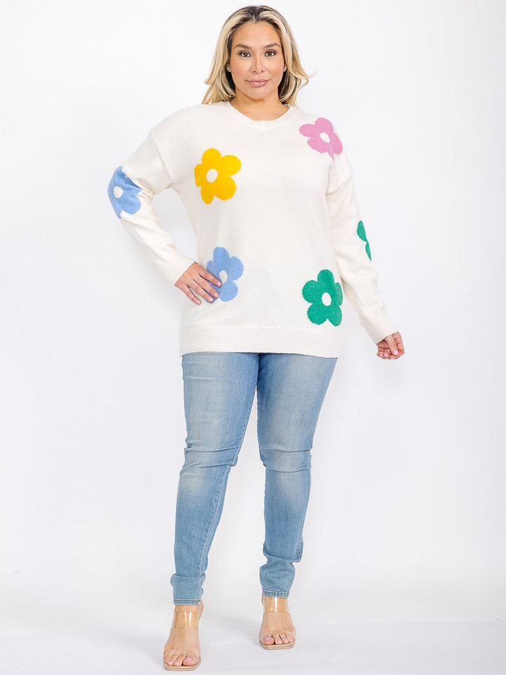 PLUS SIZE LONG SLEEVE MULTI FLOWERS PULLOVER SWEATER