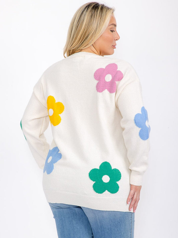 PLUS SIZE LONG SLEEVE MULTI FLOWERS PULLOVER SWEATER