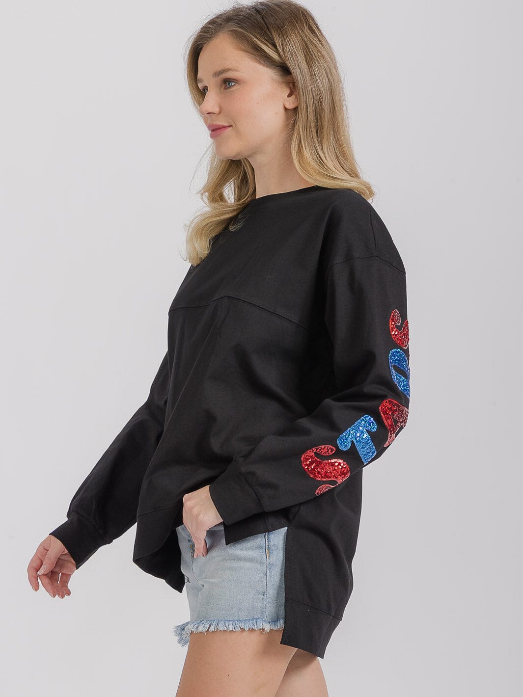 WOMEN'S LONG SLEEVE HIGH-LOW GRAPHIC PATRIOTIC SHIRT